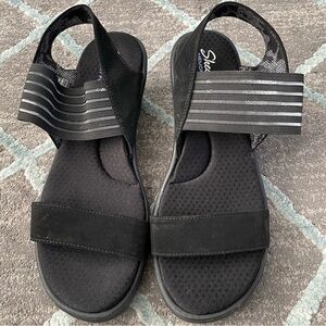 Skechers Memory Foam Black Wedge Sandals